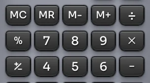 Close-up of the MC, MR, M−, M+, percentage, and number keys on the retro calculator.